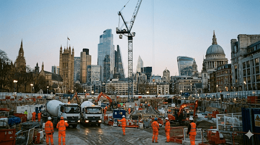 crane-operators-london-construction A tower crane and construction workers in PPE on a busy site in central London with the city skyline in the background.