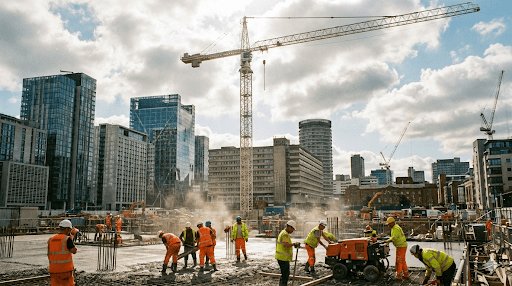 A tall tower crane and construction workers on a busy site in Birmingham city centre.