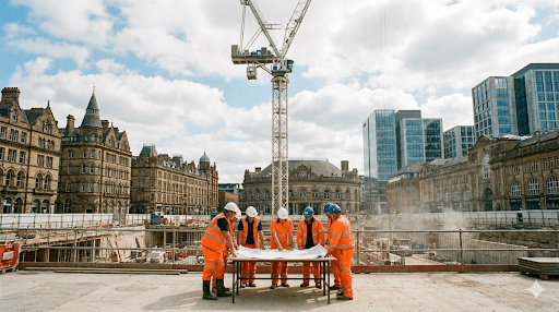 A tower crane and construction workers on a busy site in Leeds city centre.