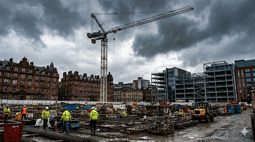A tower crane and construction workers on a large site in Glasgow city centre, Scotland.