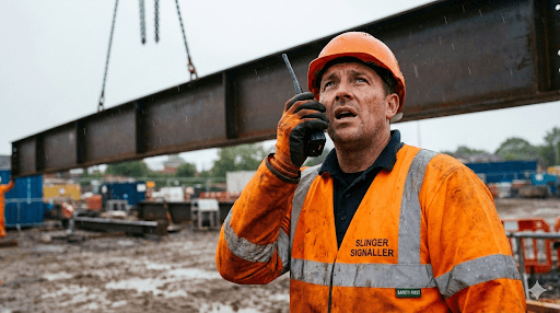 A Slinger Signaller in PPE using a radio to direct a crane lift in London.