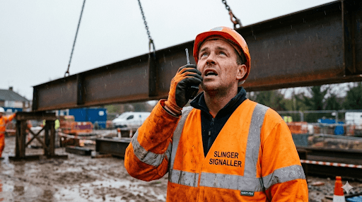 A Slinger Signaller in PPE using a radio to direct a crane lift in Birmingham.