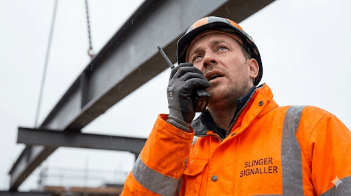 A Slinger Signaller in PPE using a radio to direct a crane lift in Leeds.