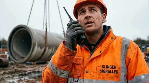 A Slinger Signaller in PPE using a radio to direct a crane lift in Glasgow.