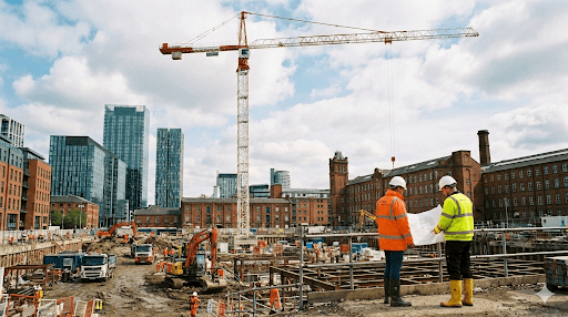 crane-operators-manchester-construction-site A tower crane and construction workers in PPE on a busy site in Manchester.