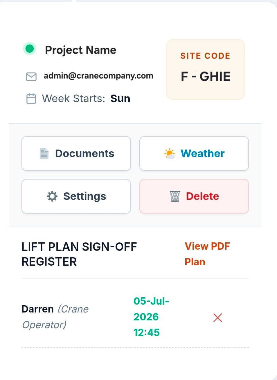 Crane Team App Mobile Interface displaying operator checks and lift plans