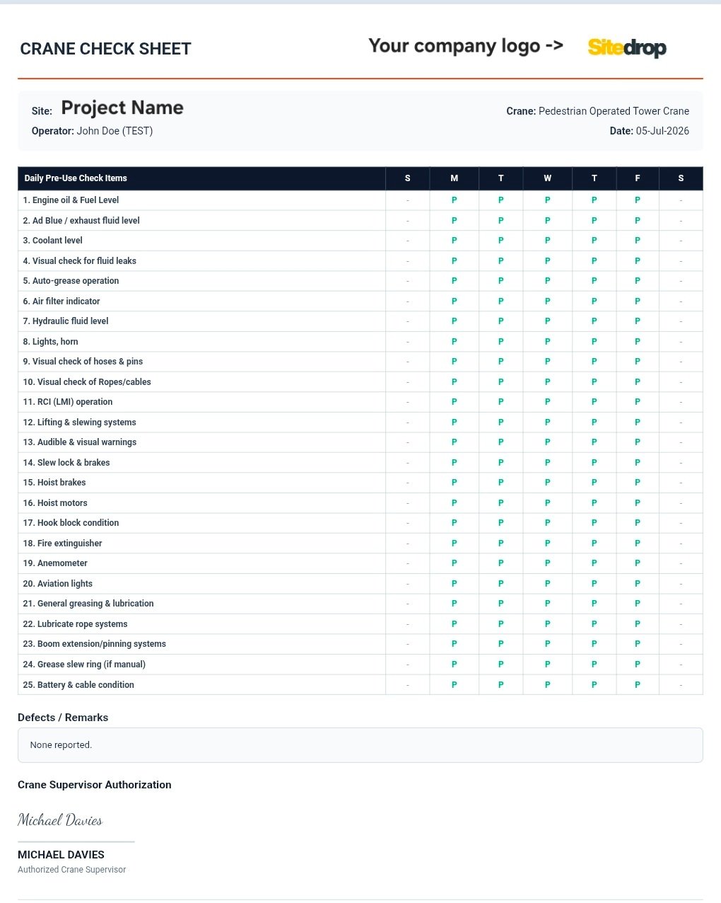 Digital Crane Pre-Use Check Sheet PDF Output