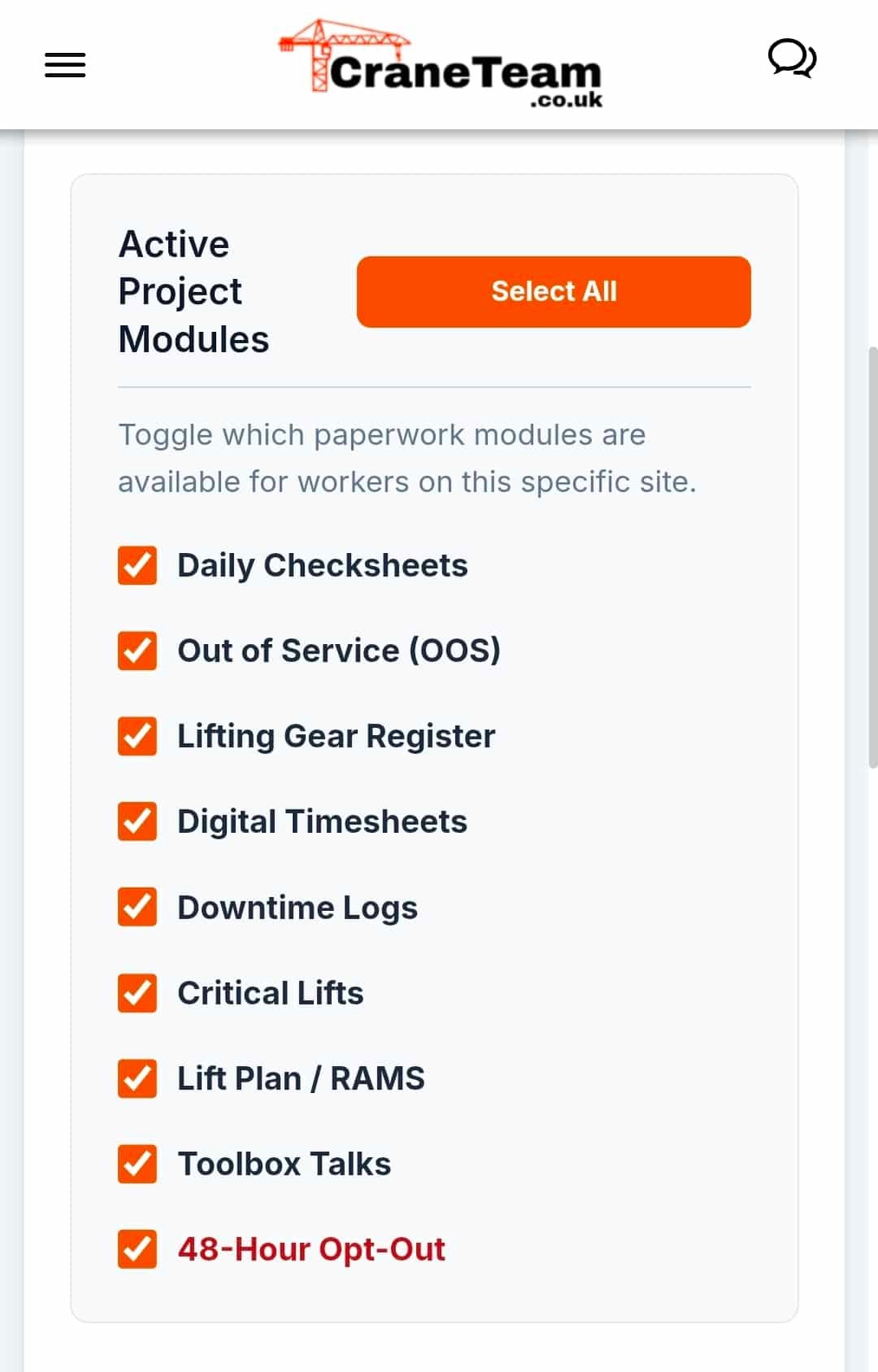 Crane Team App Mobile Interface displaying toggleable site modules: Daily Checksheets, Lifting Gear Register, Digital Timesheets, Critical Lifts, and Toolbox Talks